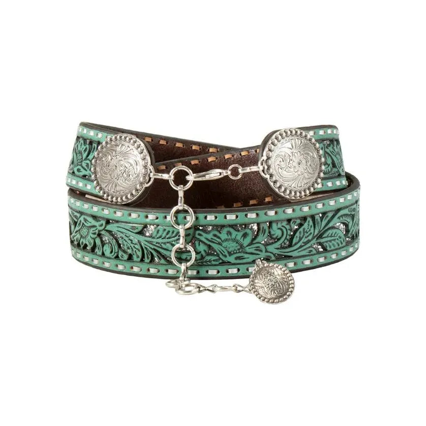 Nocona - Ladies BELT, Leather Flower Tooled Cutout, Turquoise N320000433
