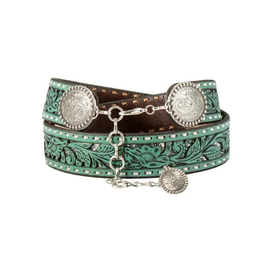 Nocona - Ladies BELT, Leather Flower Tooled Cutout, Turquoise N320000433