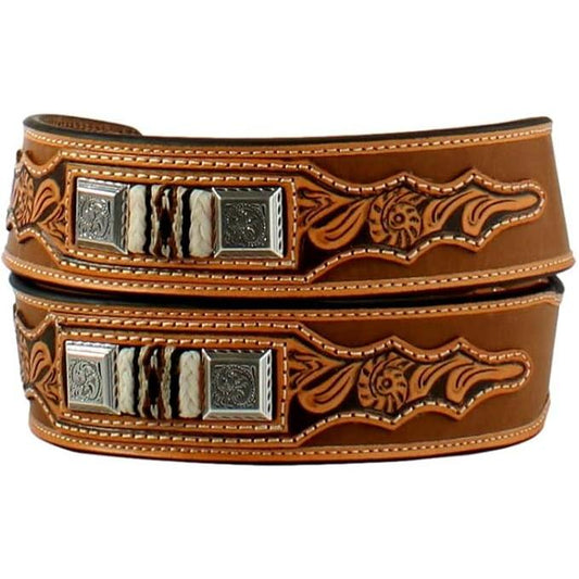 3D Belt Co. Men’s Belt - Floral Stamped Tabs, Square Concho, Braided Rawhide & Stitched Accents D100015144