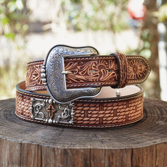3D Belt Co. Men’s Belt - Tooled Leather w/ Rectangle Cross Concho D100013008