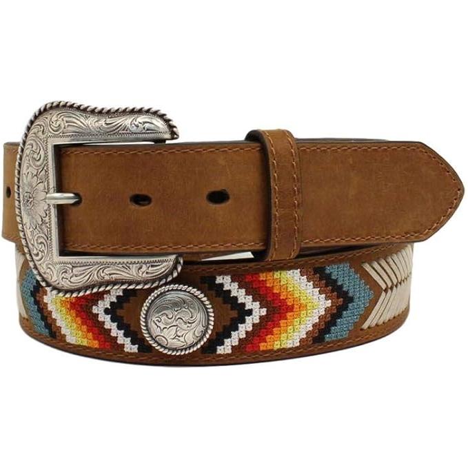 Nocona Men’s Belt, Leather w/ Stitched Southwest Pattern, Rawhide Lacing & concho - N210003644