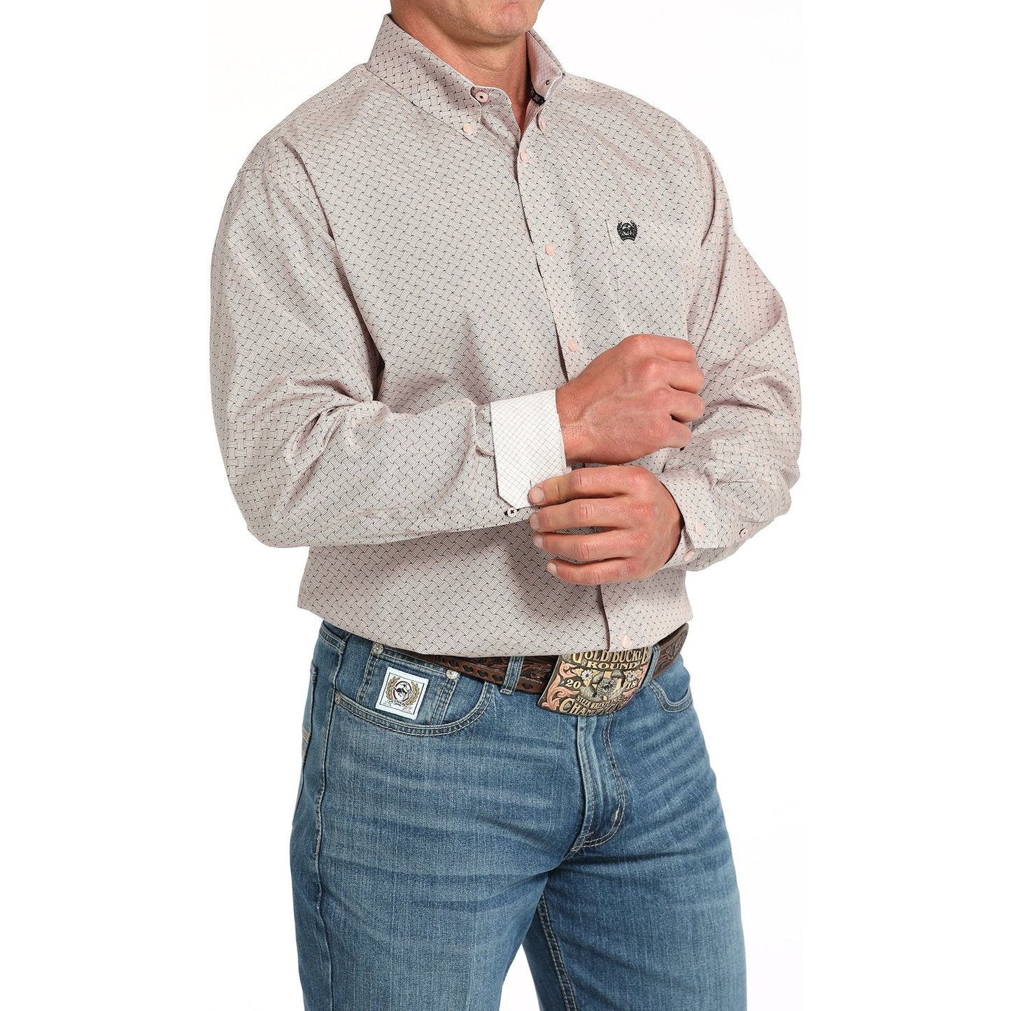 CINCH - Men LONG SLEEVE BUTTON-DOWN SHIRT, Basketweave Print, Pink MTW1105913