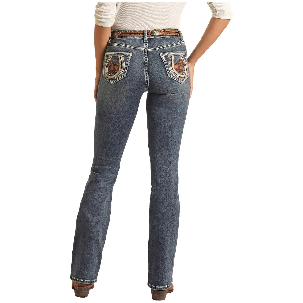 * Rock & Roll Denim Ladies Jean Horse Embroidered Mid Rise BW4MD04036