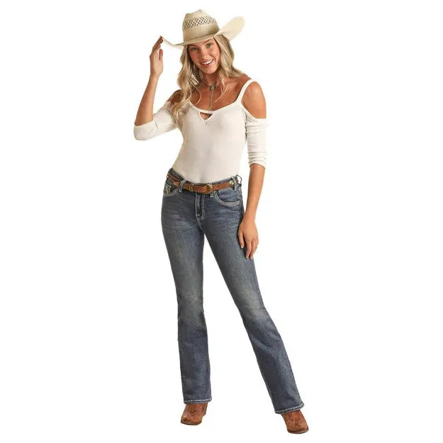 * Rock & Roll Denim Ladies Jean Horse Embroidered Mid Rise BW4MD04036