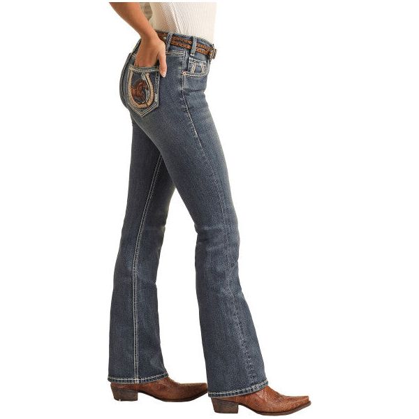 * Rock & Roll Denim Ladies Jean Horse Embroidered Mid Rise BW4MD04036