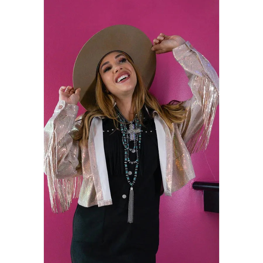 Lucky & Blessed Sequin Short Fringe Jacket in Rose Gold or Black