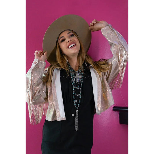 Lucky & Blessed Sequin Short Fringe Jacket in Rose Gold or Black