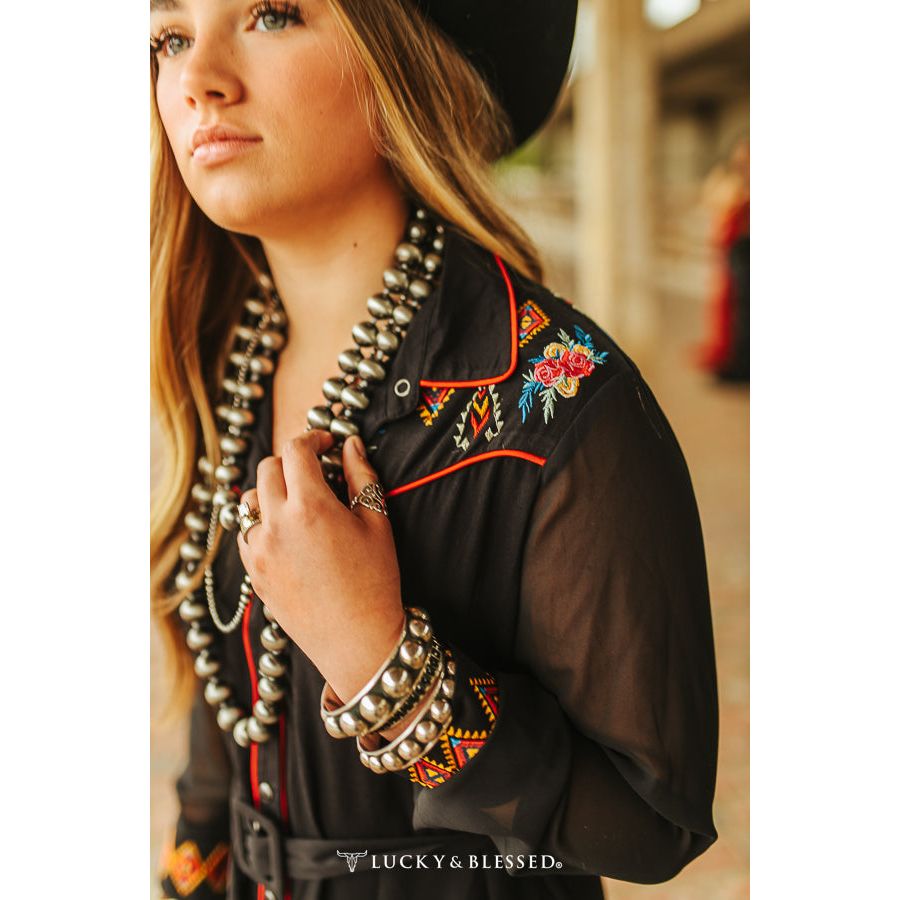 L&B Black Button Down Aztec Floral Embroidered Yoke and Cuff Dress