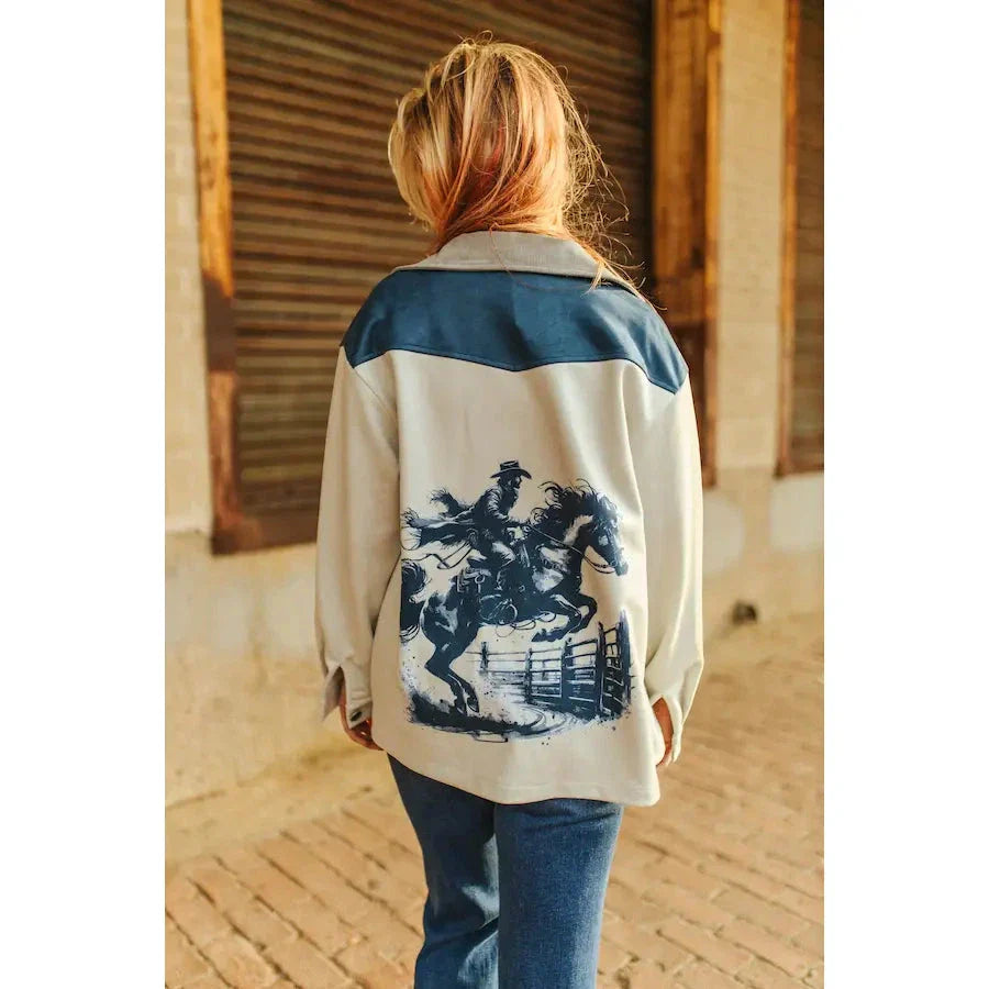 L&B Grey Suede Jumping Cowboy Horse Printed Long Sleeve Shacket