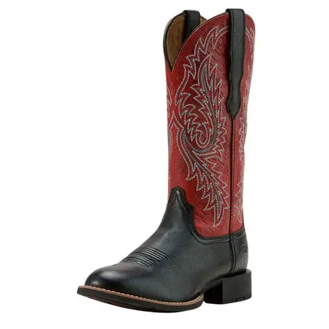 Ariat Women's Round Up W Toe StretchFit Western Boot - Black Deertan/Garnet Emboss