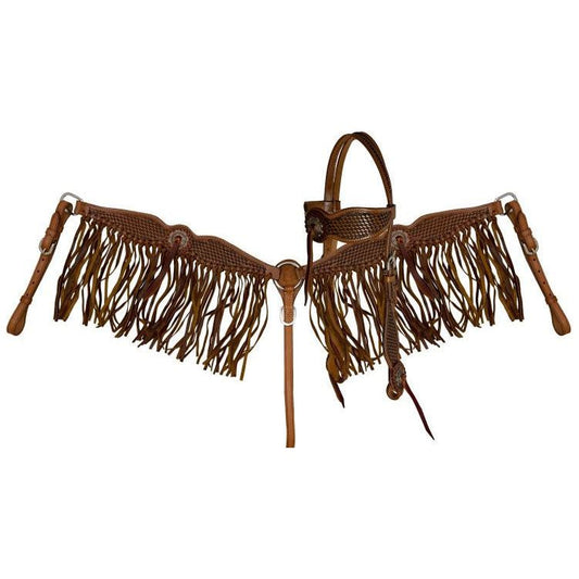 Showman Basket Tooled Fringe One-Ear Headstall, Breast Collar, Reins Set