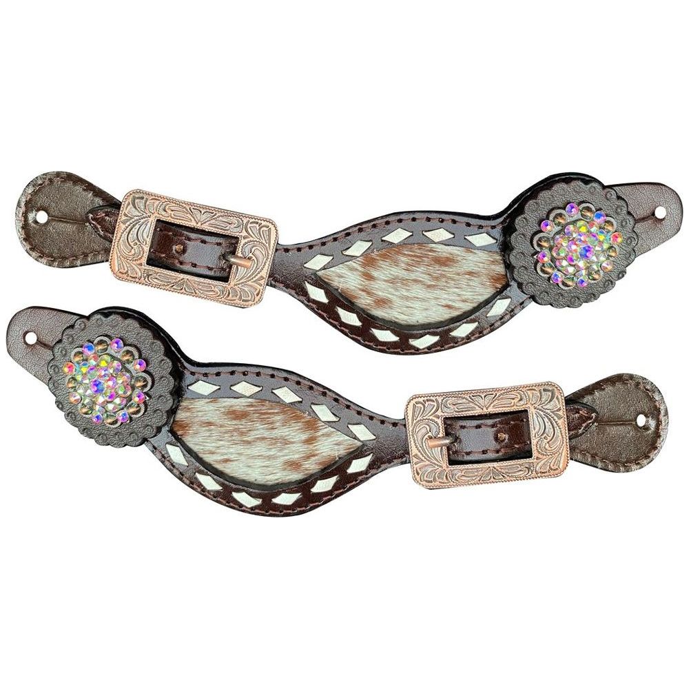 Showman Ladies Brindle Hair On Cowhide Inlay Spur Straps With White Stitching And Bronze Hardware