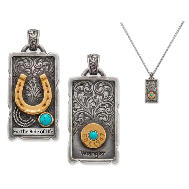 Wrangler Horseshoe & Turquoise Western Dog Tag Pendant Necklace WG-AC-NS-3096