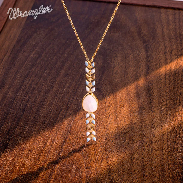 Wrangler 14K Gold Western Wheat Necklace Tear Drop Shaped Natural Stone Pendant