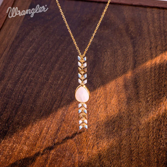 Wrangler 14K Gold Western Wheat Necklace Tear Drop Shaped Natural Stone Pendant