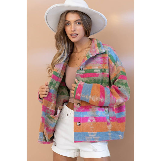 32296J - Aztec Pattern Button Up High Collar Jacket