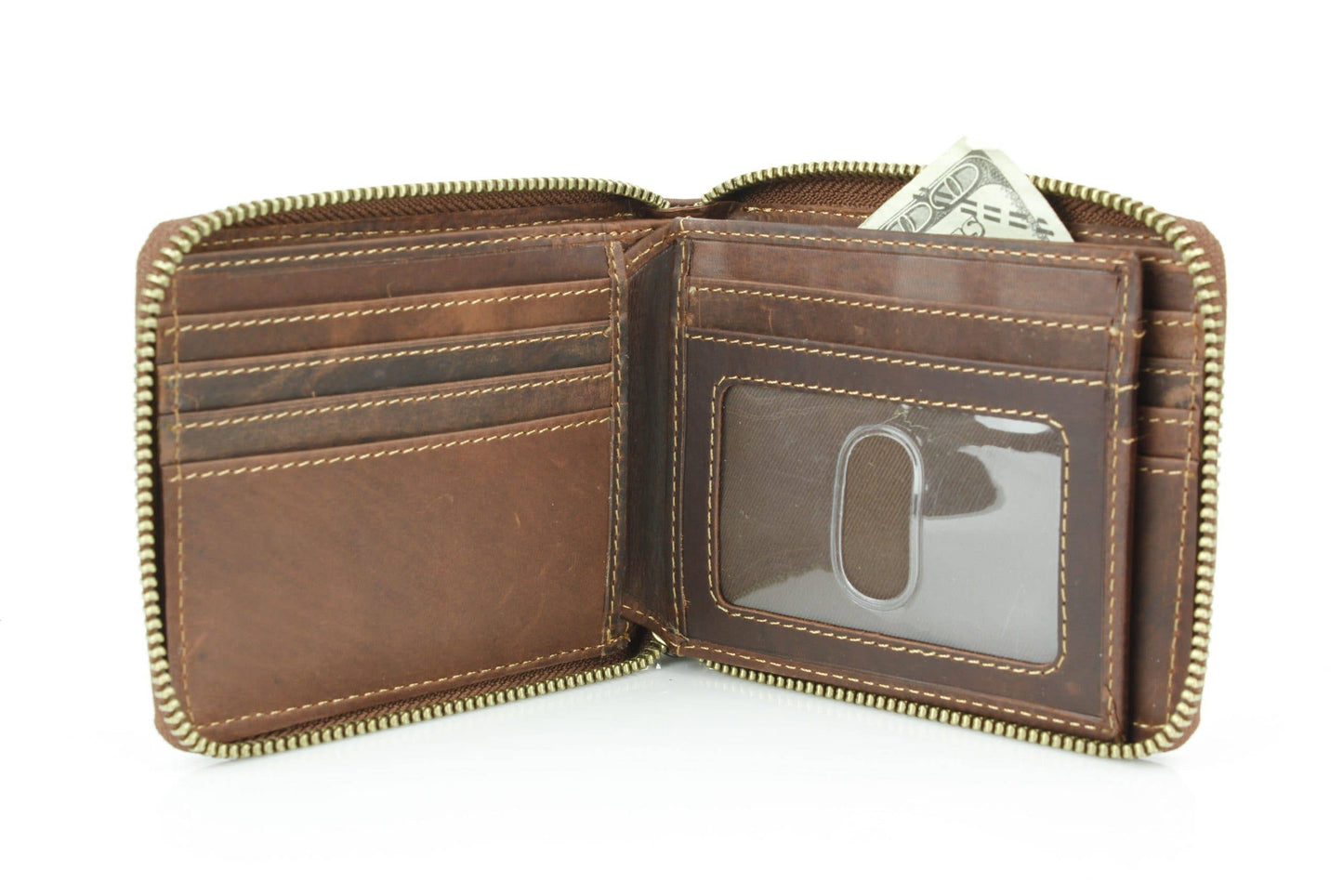 Oil Pull Up Leather RFID Zip Wallet with Center Flap 8036