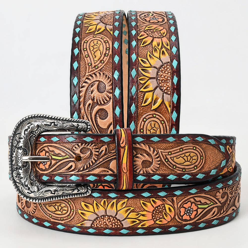 LC-ADBLF132 Tooled Leather Western Belt - Sunflower & Paisley Design with Turquoise Diamond Borders