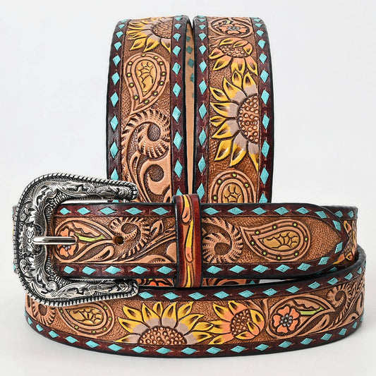 LC-ADBLF132 Tooled Leather Western Belt - Sunflower & Paisley Design with Turquoise Diamond Borders