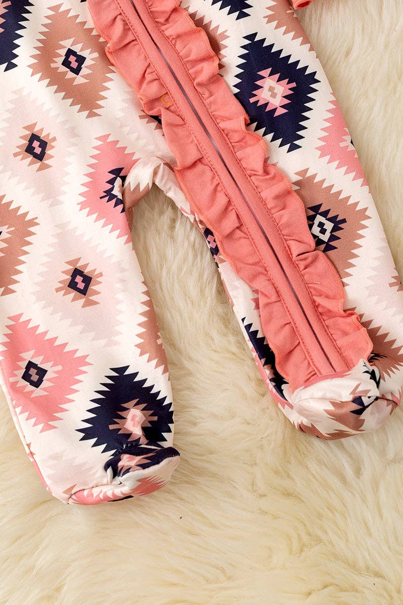 Pink aztec printed baby bodysuit w ruffle trim. RPG53246 SOL
