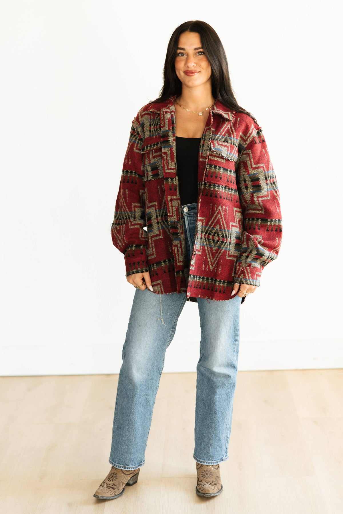 Women’s Aztec Pattern Button-Up Shacket – Red/Multicolor TH1210