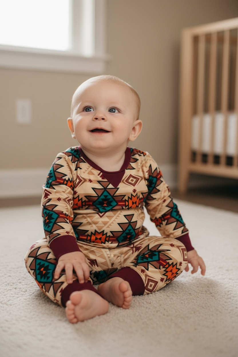 Aztec printed boys pajamas with burgundy trim.