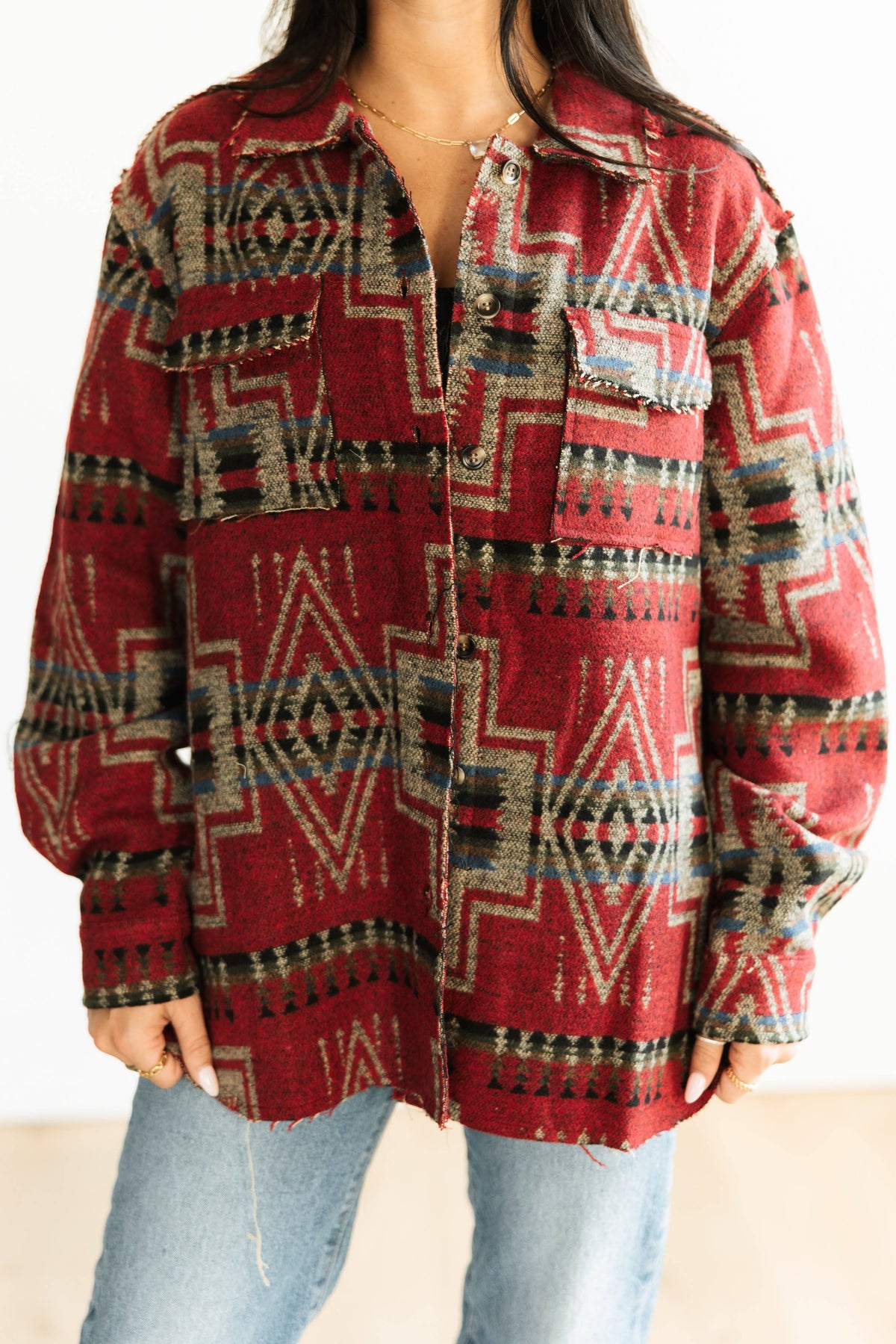 Women’s Aztec Pattern Button-Up Shacket – Red/Multicolor TH1210