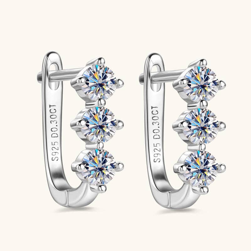 Three Stone Moissanite Hoop Earrings in 925 Sterling Silver