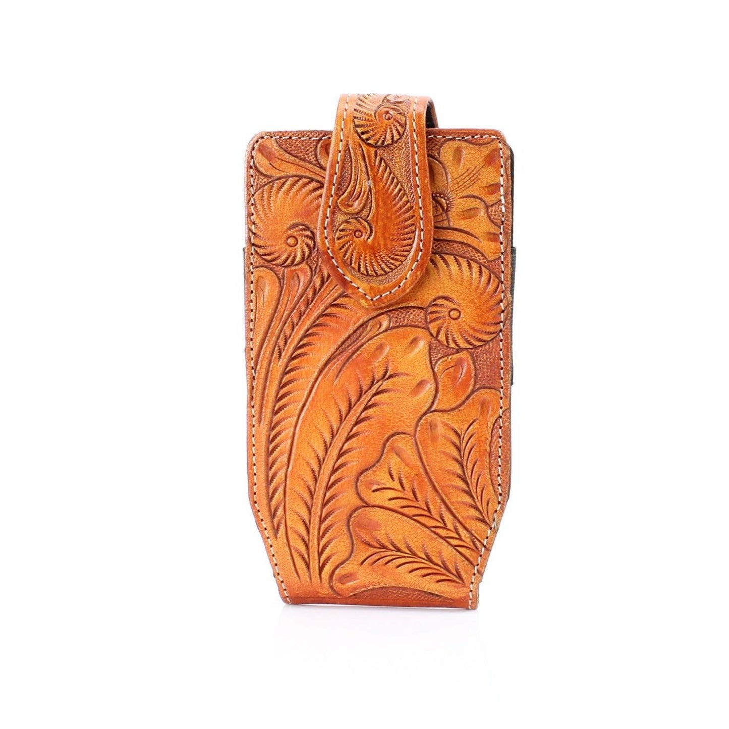 American Bison Floral Tooled Leather Phone Case for Belt