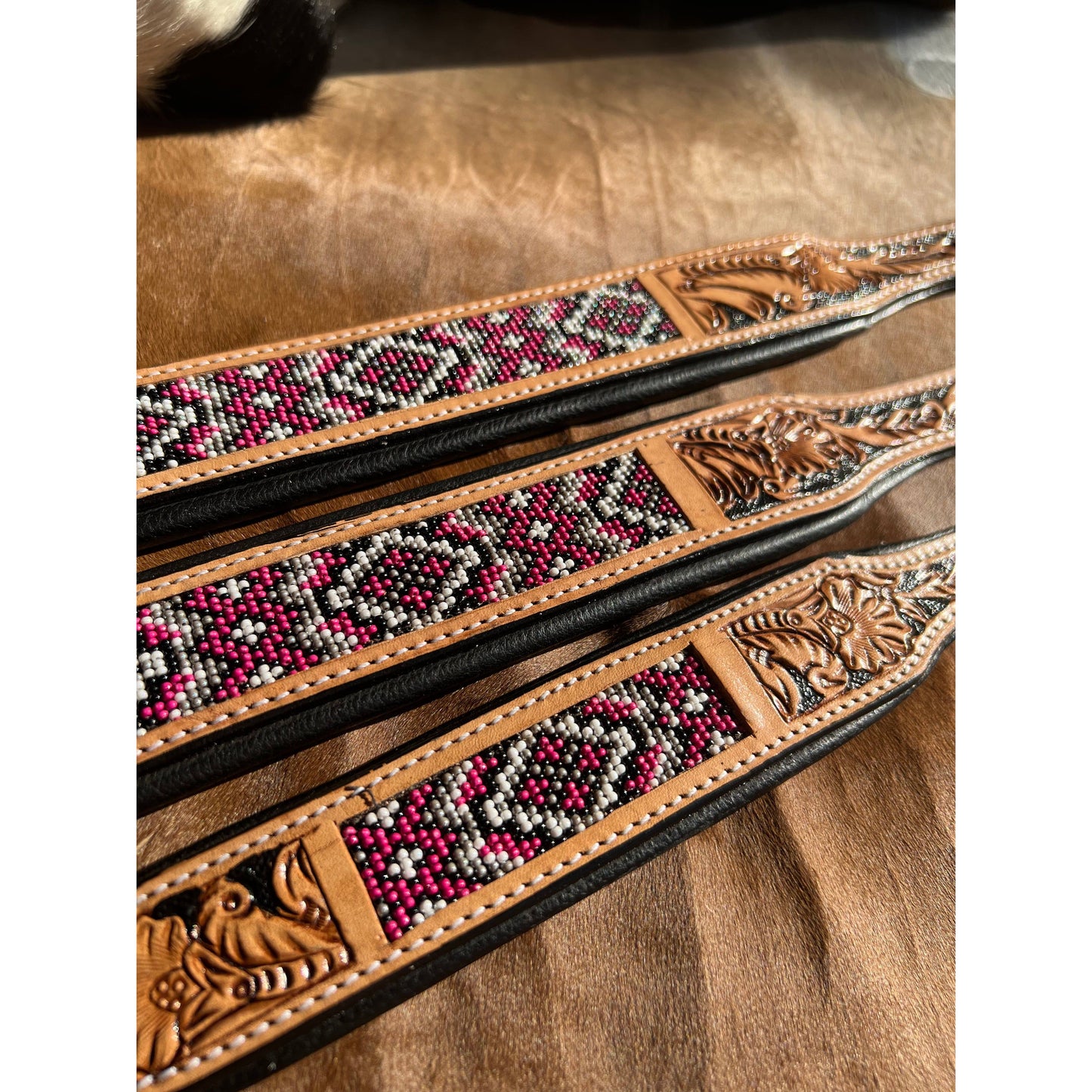Western Equestrian Tooled Pink Leather Beaded Dog Collar