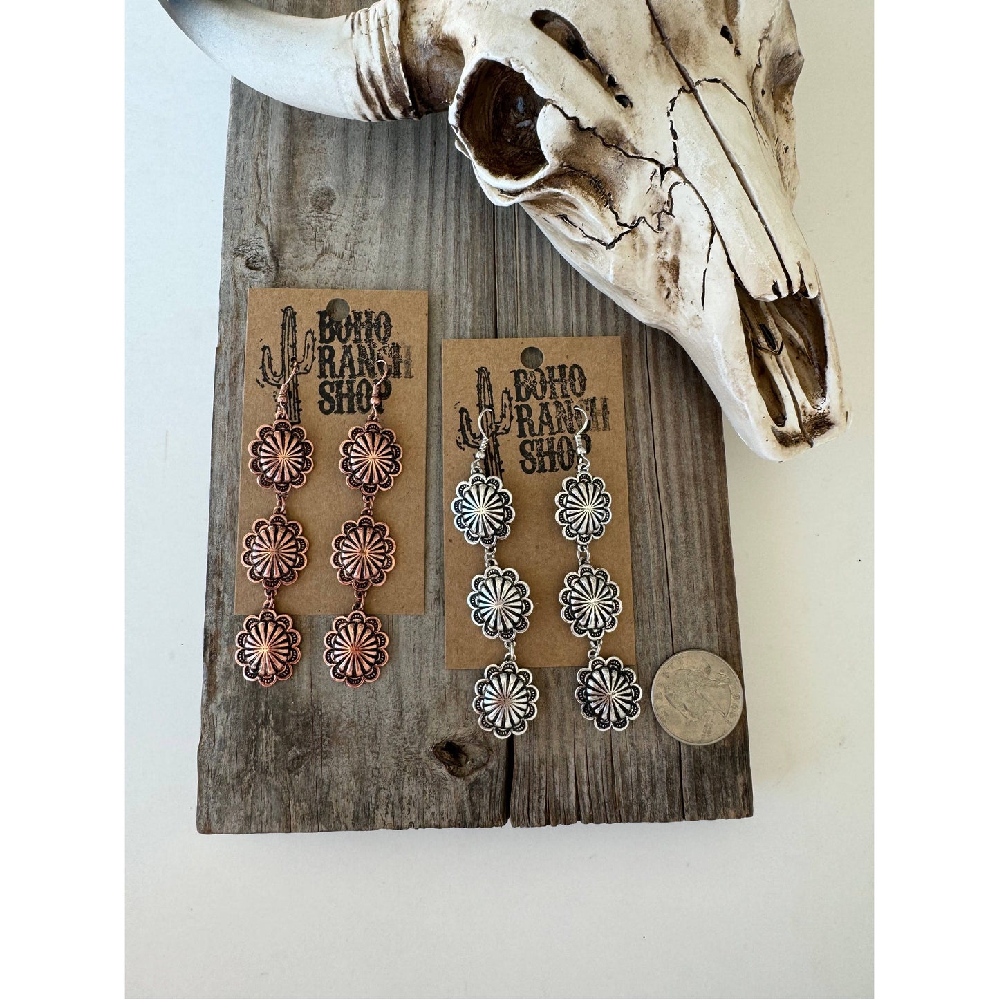 3 Tier Western Rectangle Concho Drop Dangle Earrings