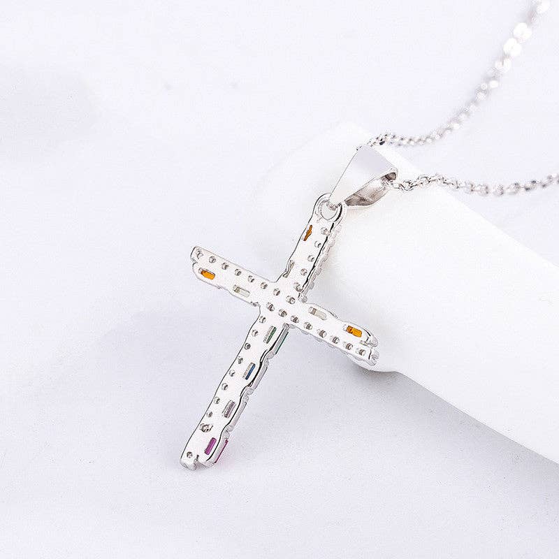 Rainbow Gemstone Cross Charm Necklace in 925 Sterling Silver