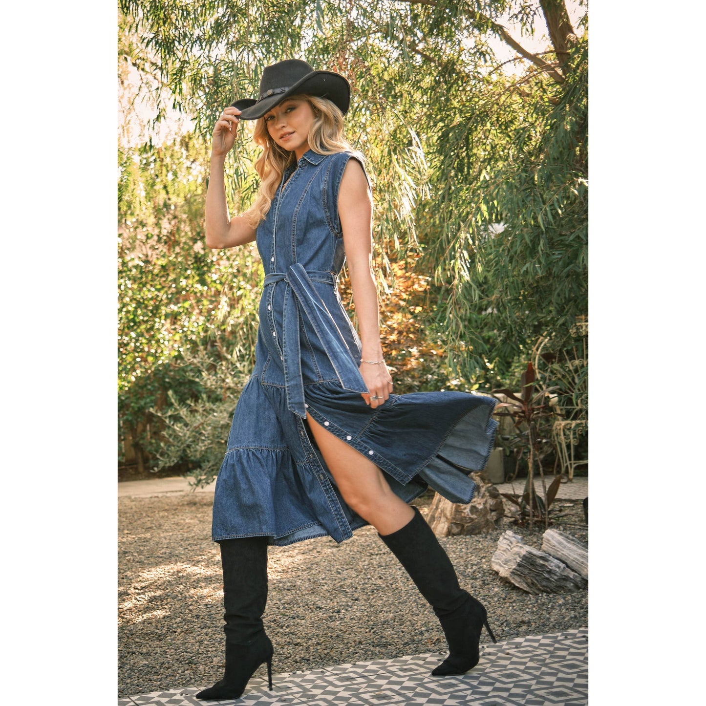 80189D - Belted Button Up Tiered Denim Midi Dress