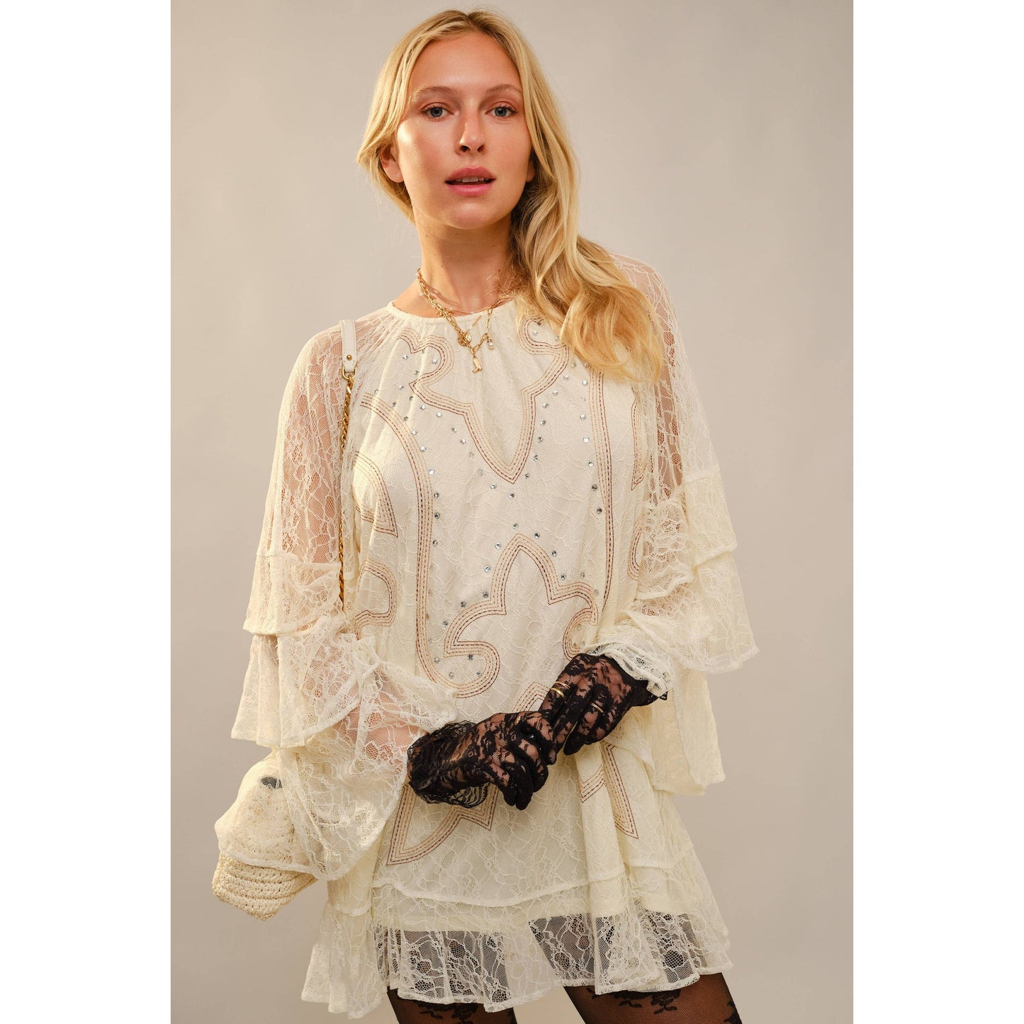 Round Neck Western Embroidery Ruffle Sleeve Dress 23729D