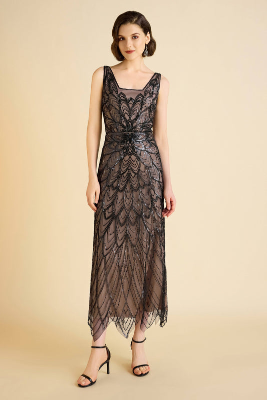 Symmetrical Floral Sequin-Accented Evening Gown