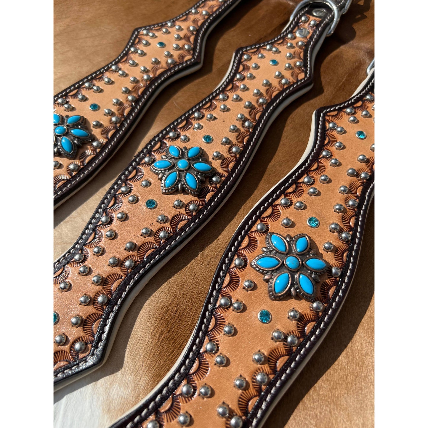 Western Tooled Leather Turquoise Concho Scalloped Dog Collar