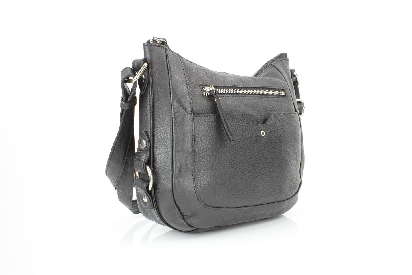 Black Leather Shoulder Bag with Silver Zip and Studs RB 159