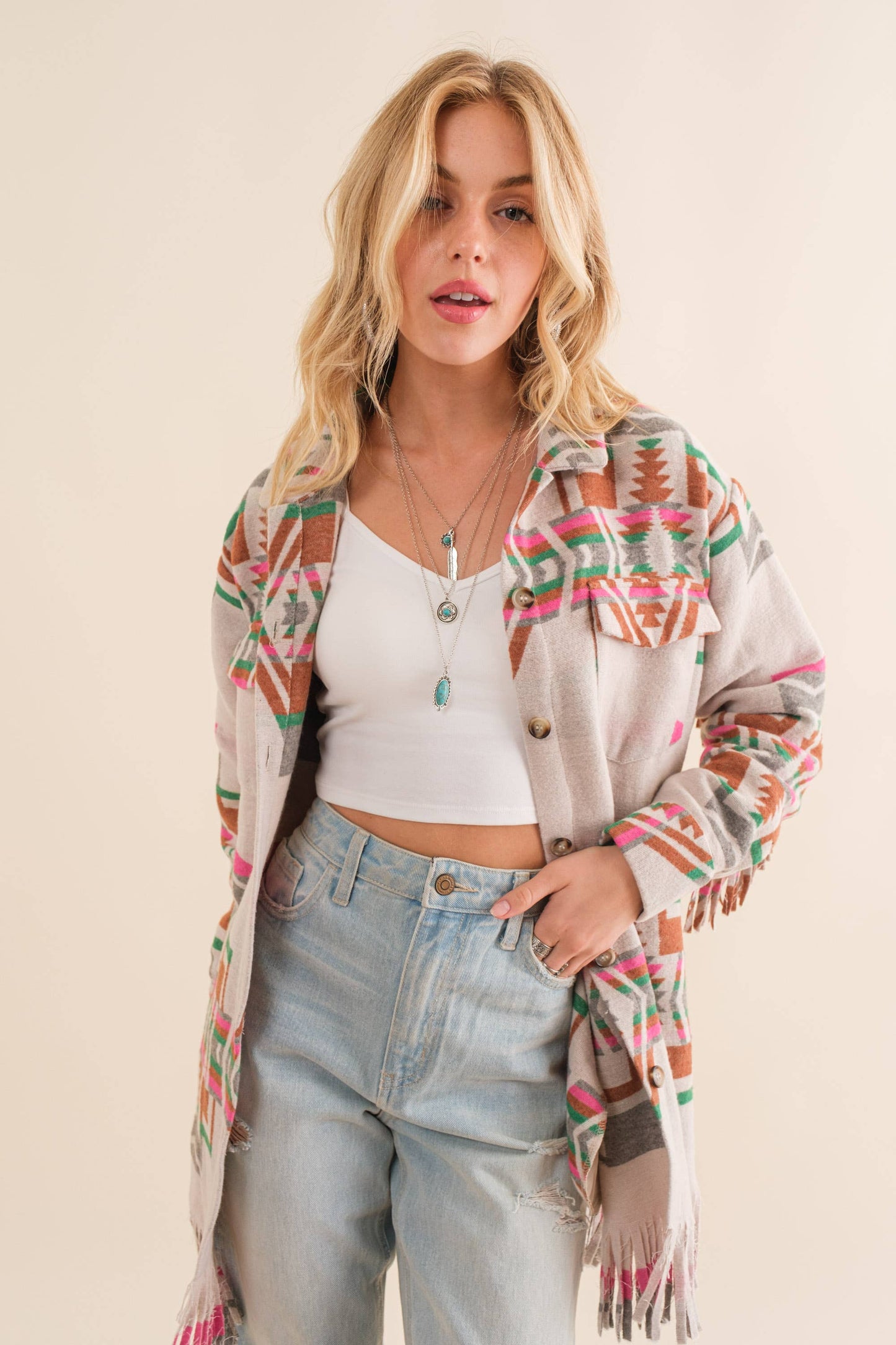 34200J - Blue B Exclusive Aztec Button Up Shirt Jacket