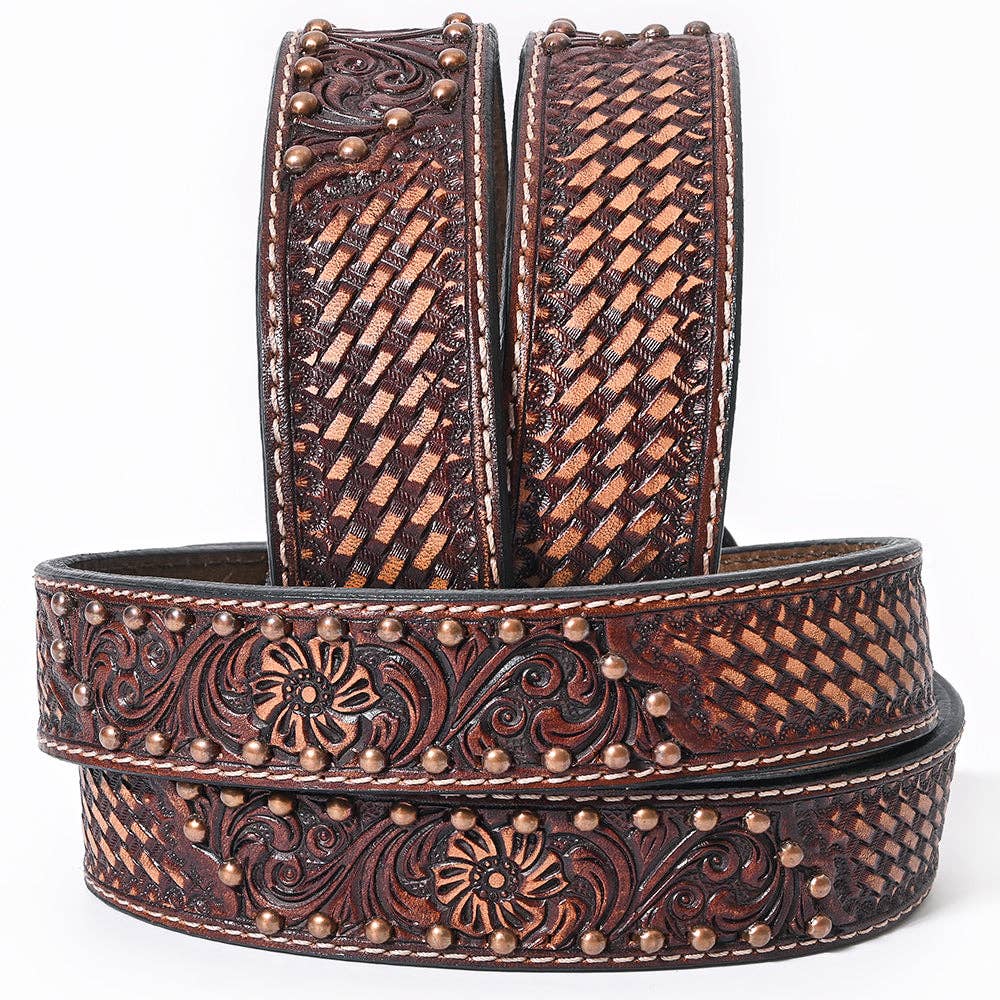 BER230-Hand Tooled Western Leather  Belt