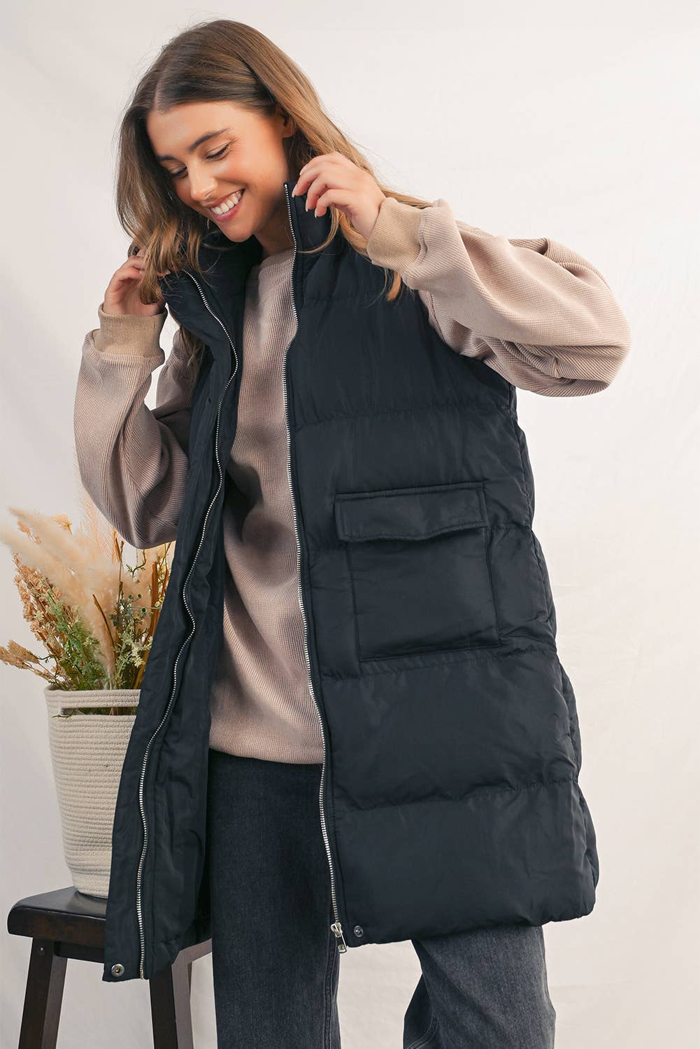 Winter Full Zipper Pockets Puffer Outerwear Vest