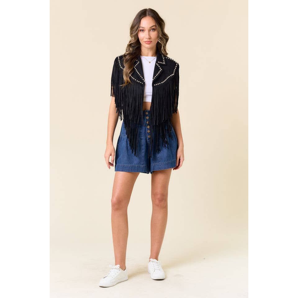 SIJ5338A BLACK STUDDED FRINGE SHRUG