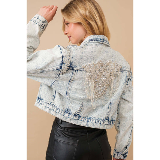 80037J - Acid Washed Shoulder Beading Denim Jacket