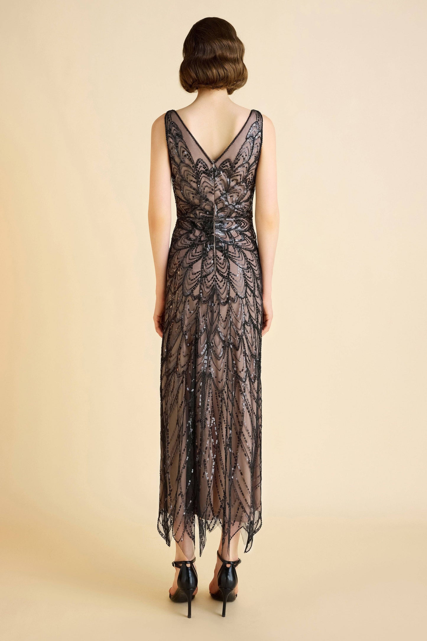 Symmetrical Floral Sequin-Accented Evening Gown