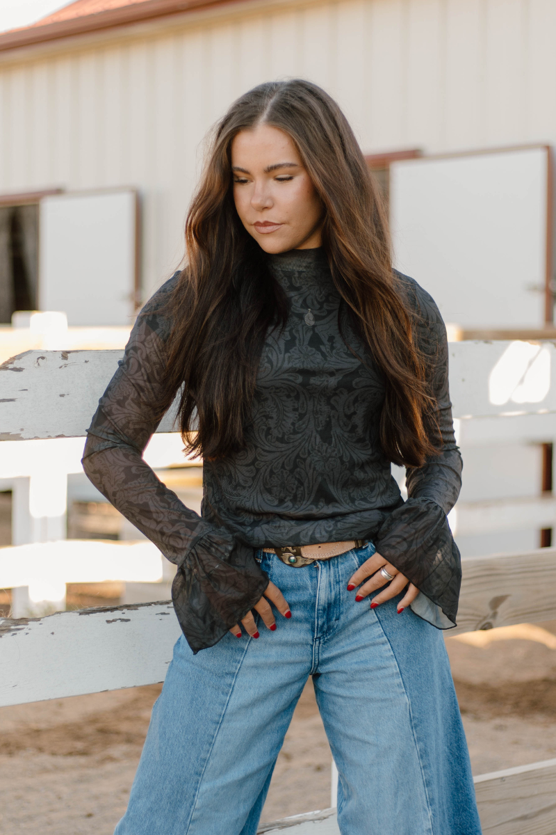 Sterling Silver Tooled In Black Mesh Top