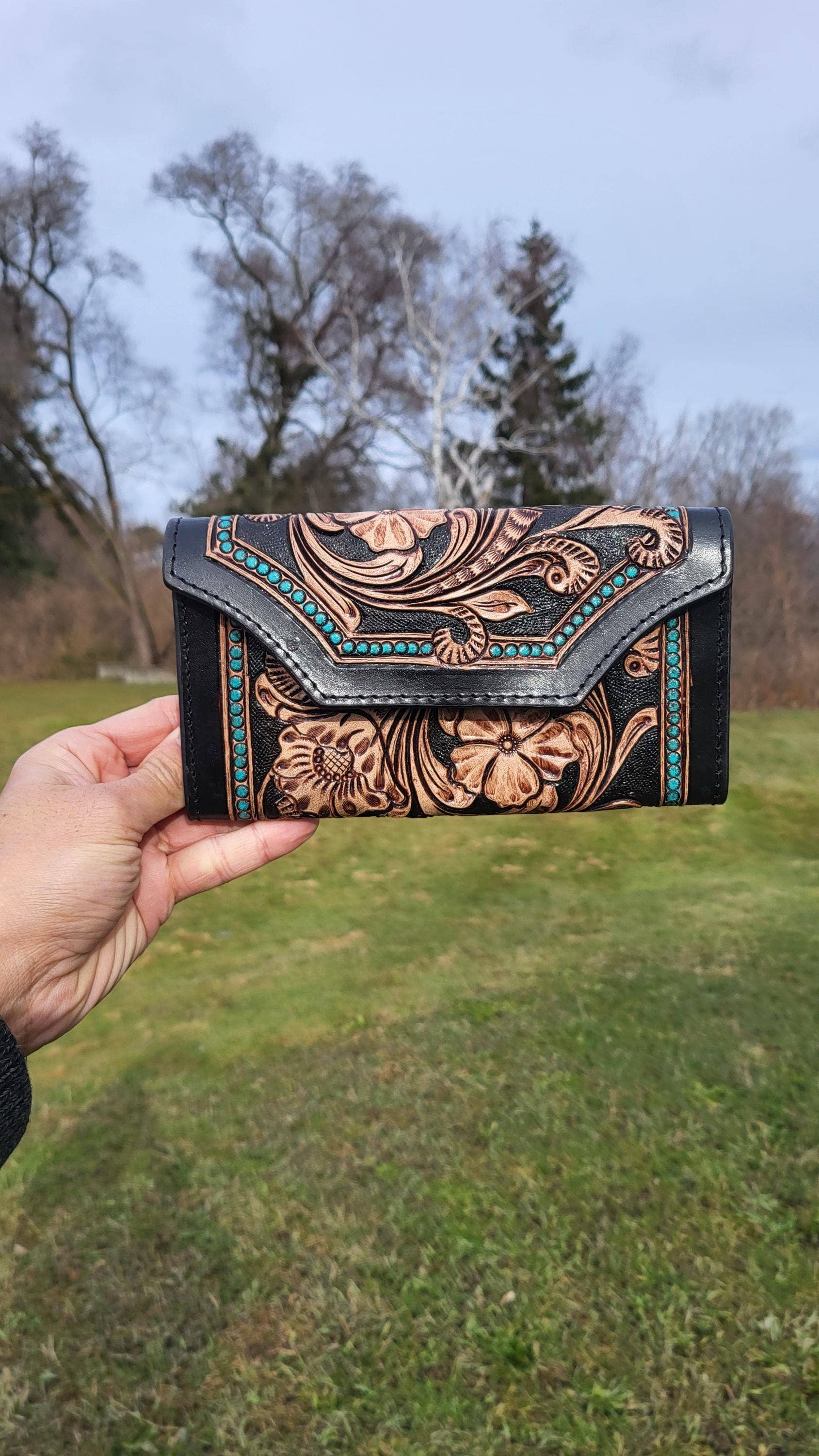 Handcrafted Leather Cowhide Wallet  Tooled Turquoise