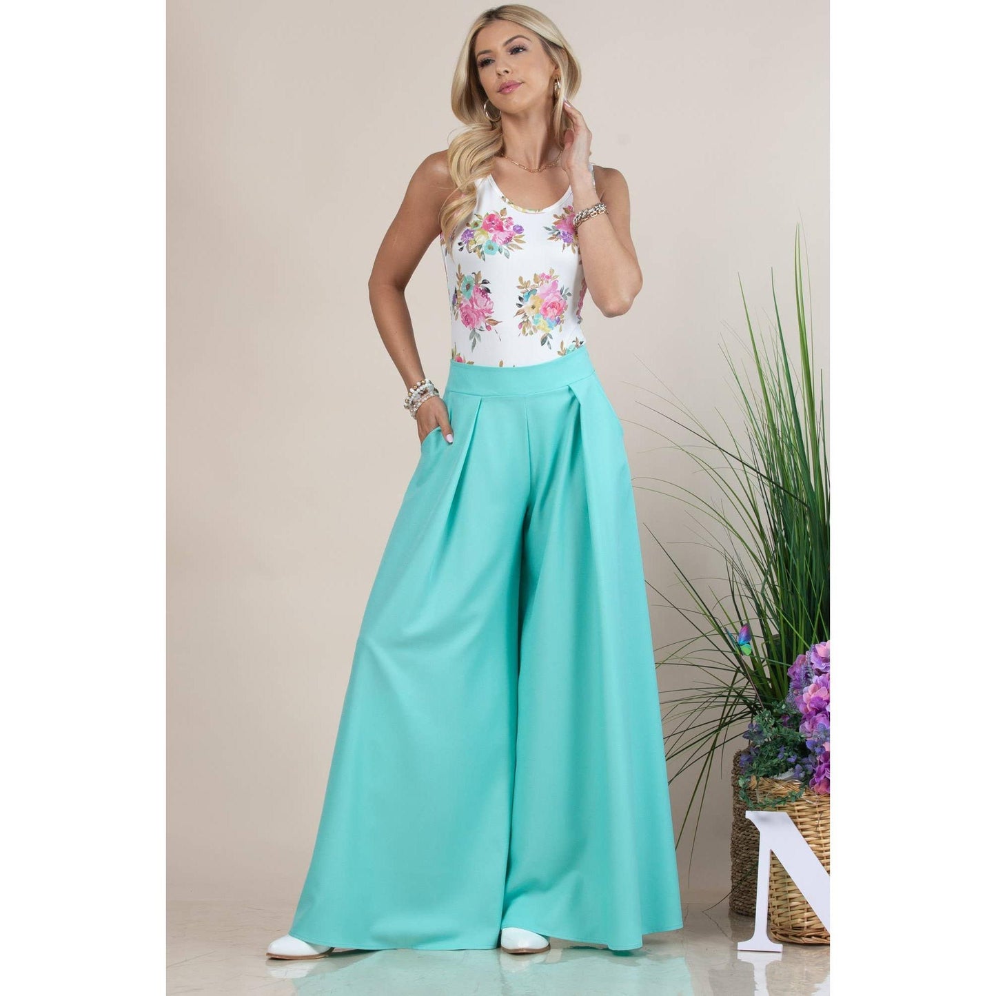 Nylon Apparel - P919-Solid-Solid  Color Women Wide Palazzo Pants