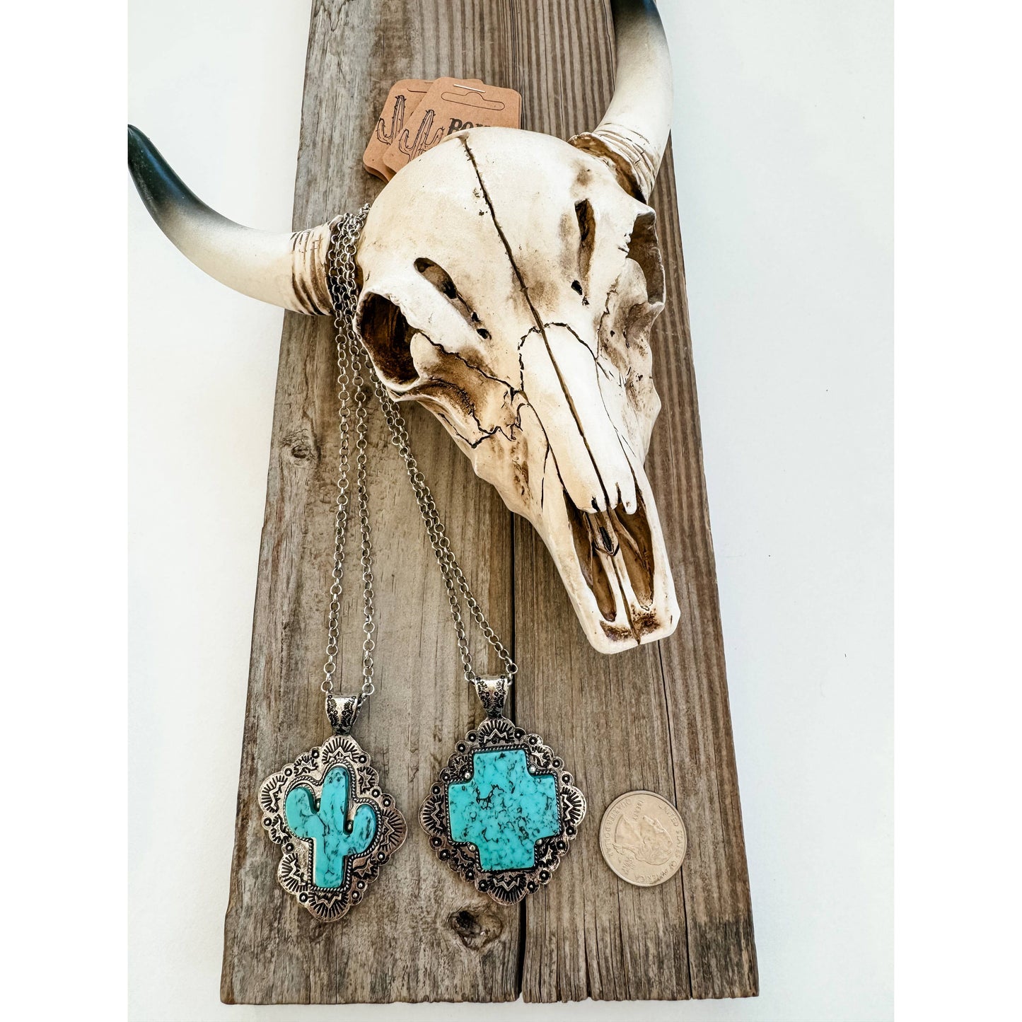 Western Stone Pendant Necklace - Cactus / Cross