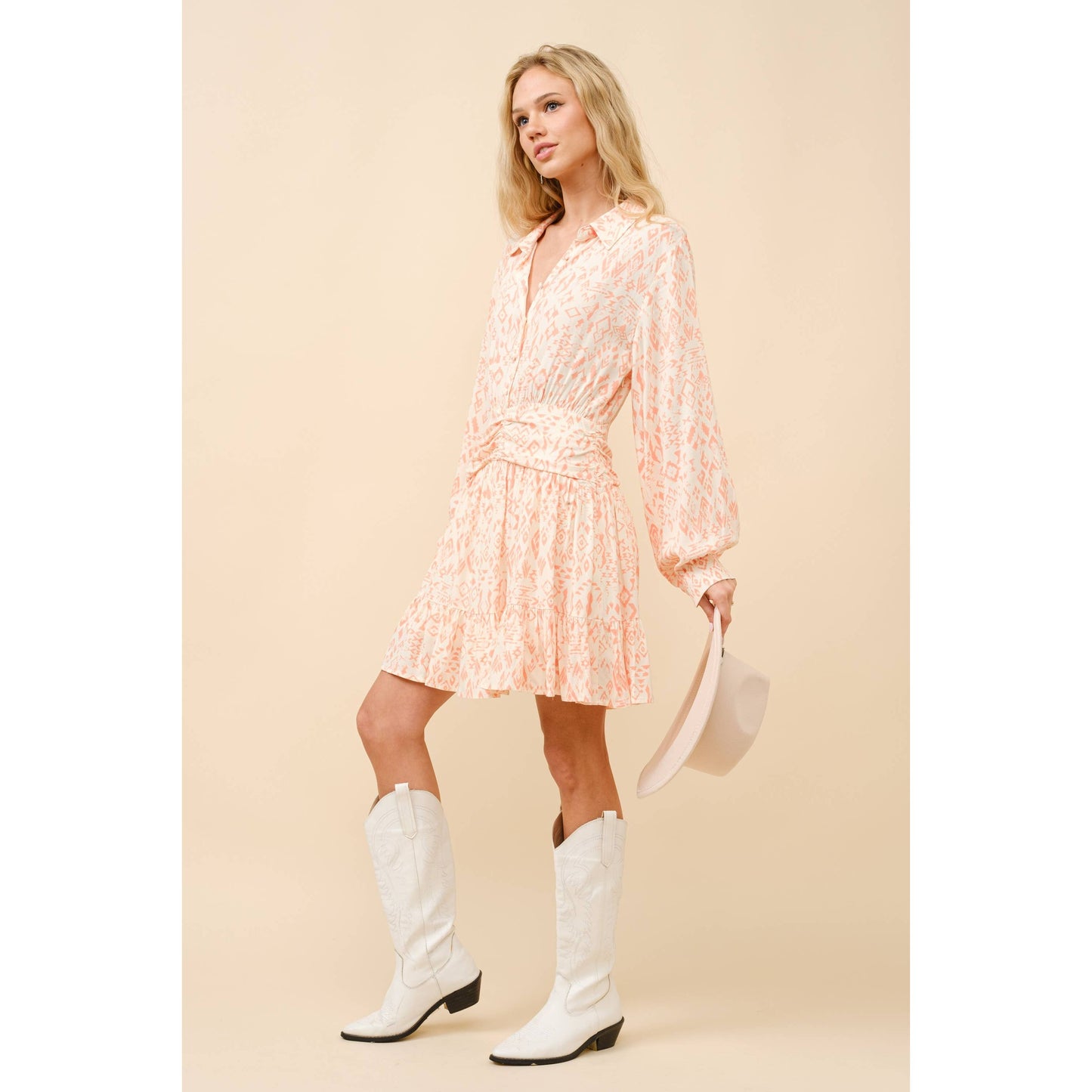 34940D - Ikat Aztec Print Button up Ruched Waist Shirt Dress
