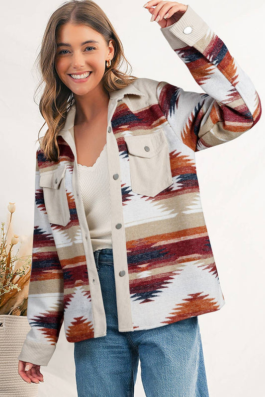 Western Geometric Print Chest Pocket Jacket