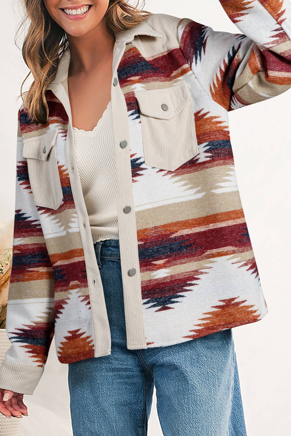 Western Geometric Print Chest Pocket Jacket